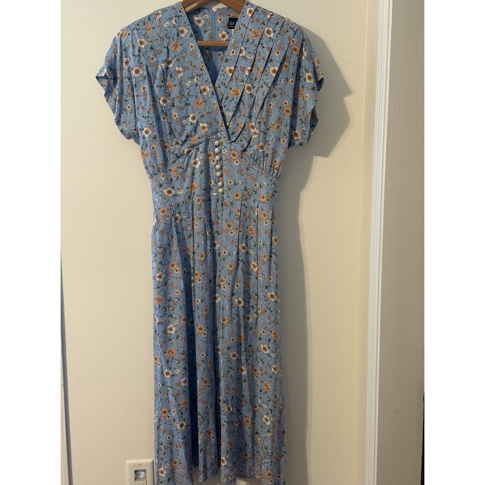 MHM Melissa Harper vntg Strawberry Floral Dress pockets cottage garden 12 Blue